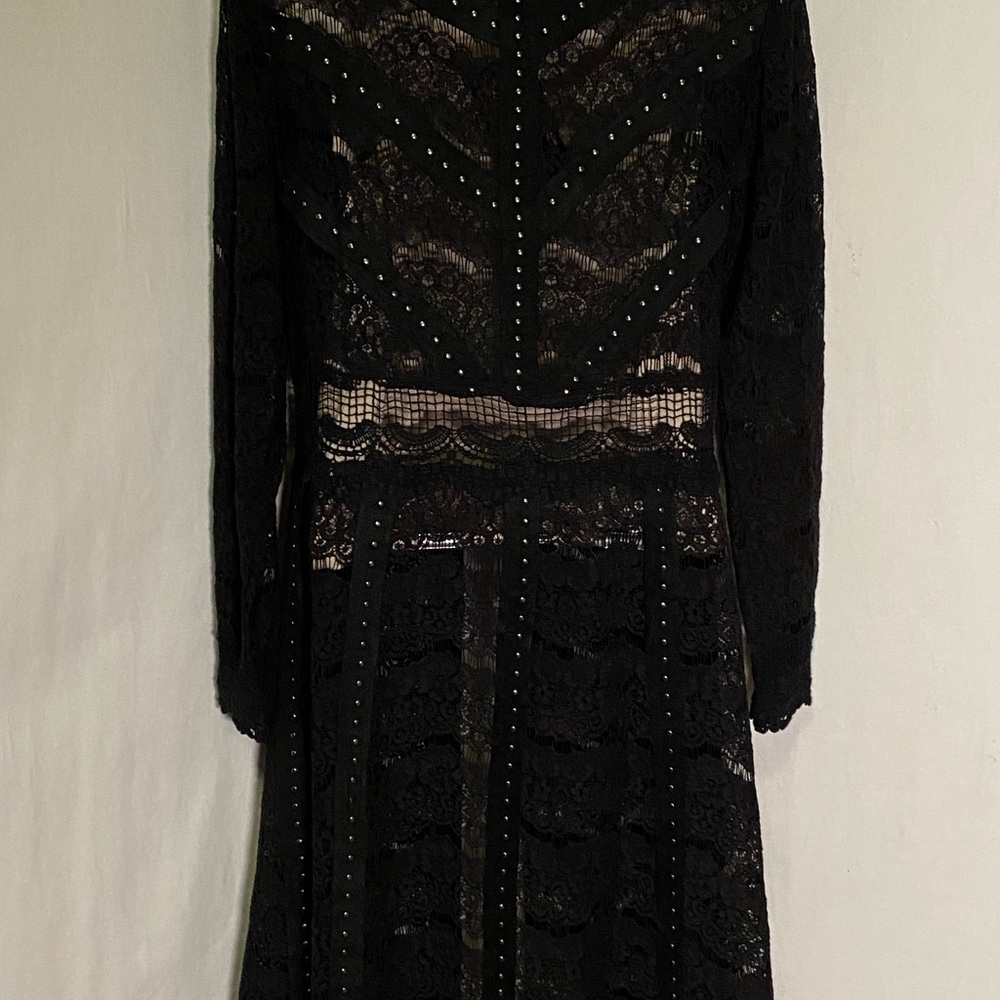 Vocal Lace Knit with Studded Faux Suede, Scalloped Hem Open Front Cardigan - Picture 9 of 13